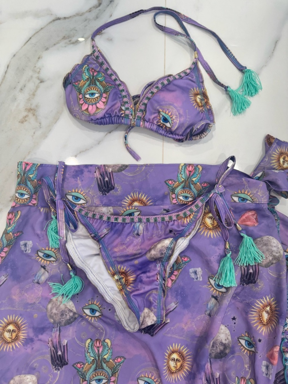 Purple Mystical Print Bikini Set with Tassel Detail size Medium
